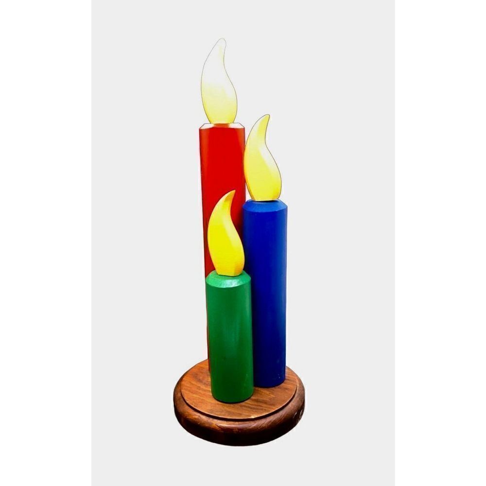 Wooden Candle Decor Red Green and Blue with Yellow Flame